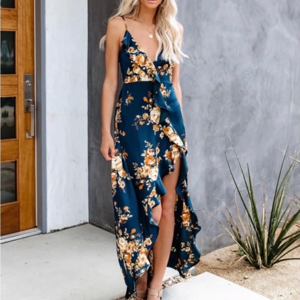 VICI capriccio satin floral ruffle navy wrap maxi dress size small - Picture 1 of 15